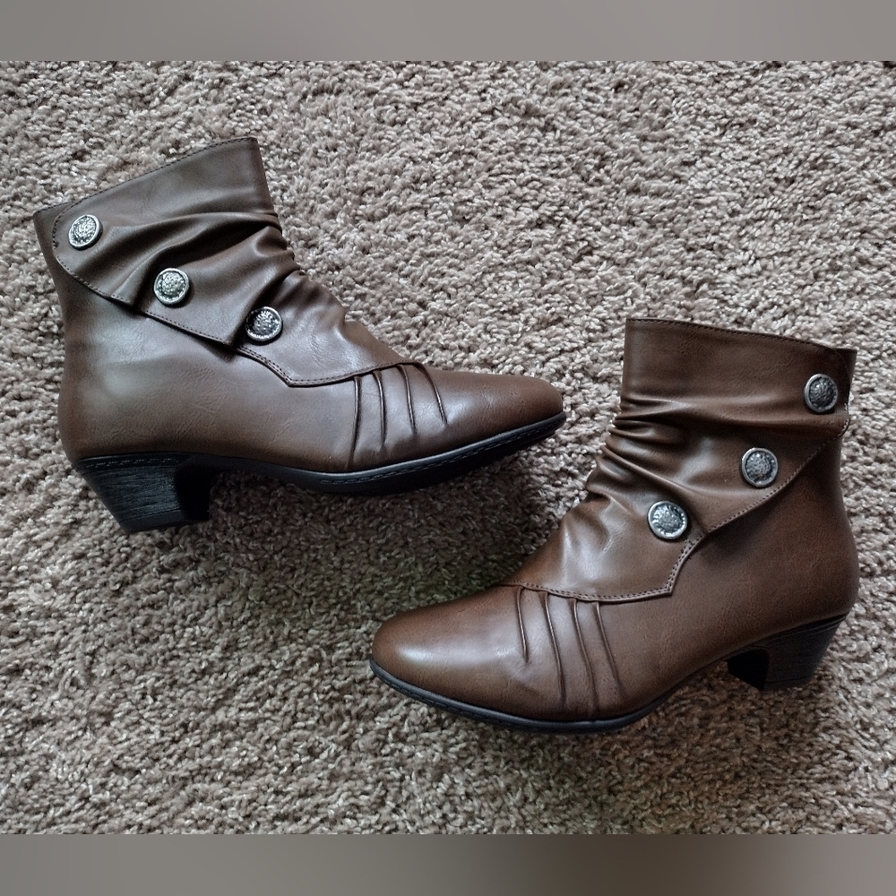 Kadi Maya Brown Faux Leather Ankle Boots with Button Detail